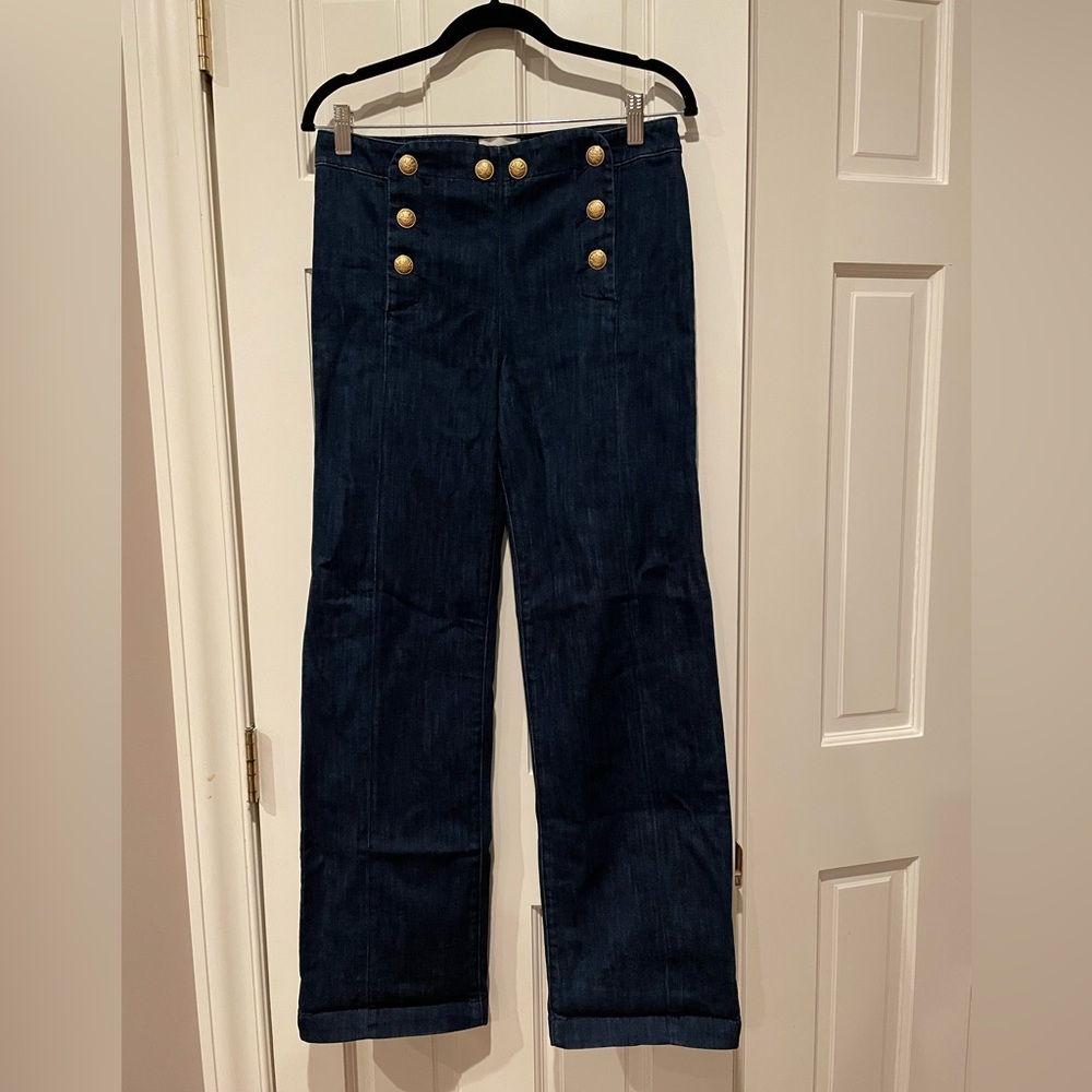 Sezane straight legged jeans with gold nautical buttons (size 38 - fits 6)